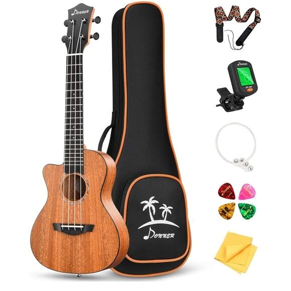 Left Handed Concert Ukulele Mahogany 23 Inch Ukelele Bundle Kit by Donner - Picture 1 of 7